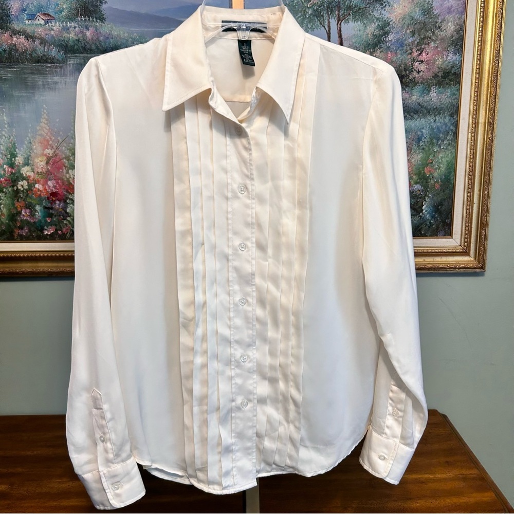 Ralph Lauren Ivory Off White Pleated Semi Sheer Button Front Blouse